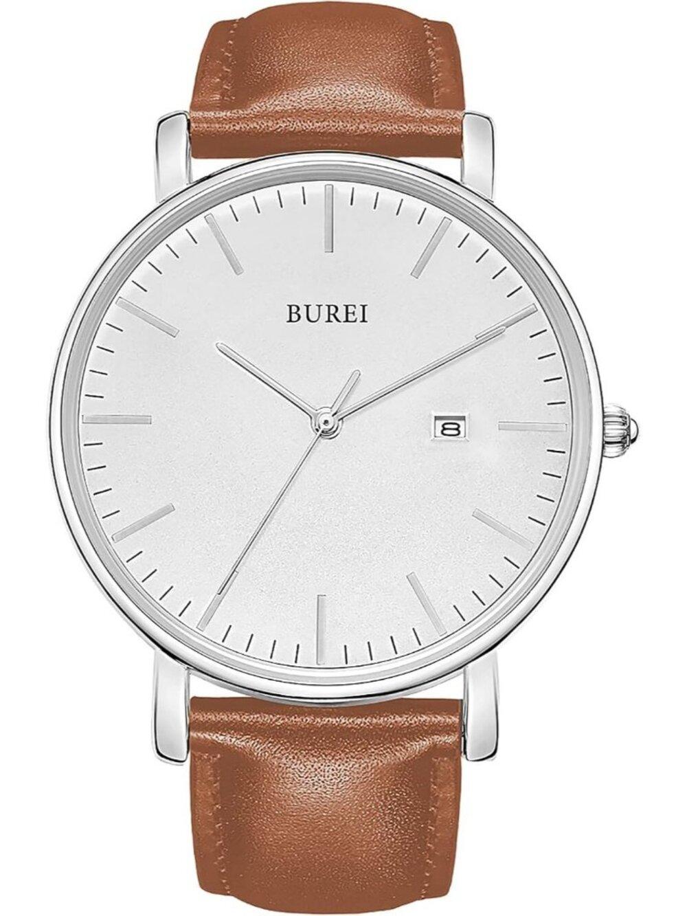 Mens Silver And Brown Band Strap Minimalist Analog Quartz Waterproof Wrist Watch